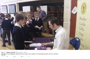 Signing books at Flixton Juniors