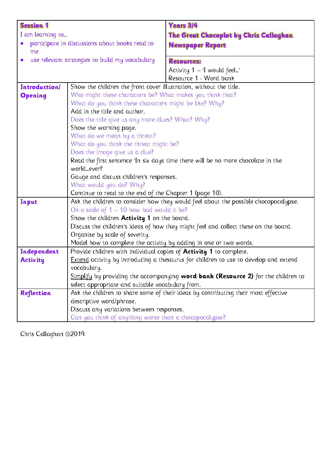 Session 1 Plan – Chris Callaghan