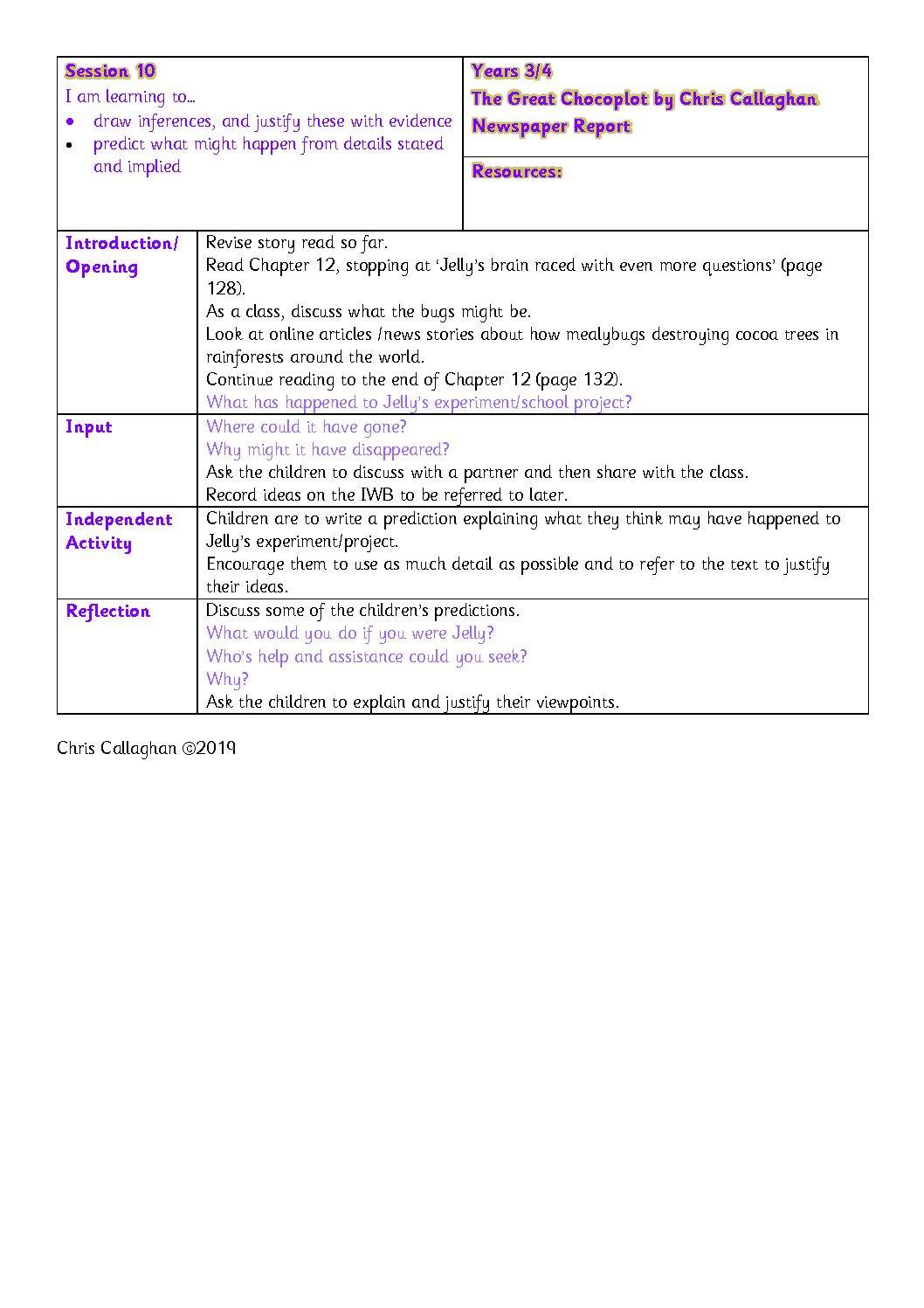 Session 10 Plan – Chris Callaghan