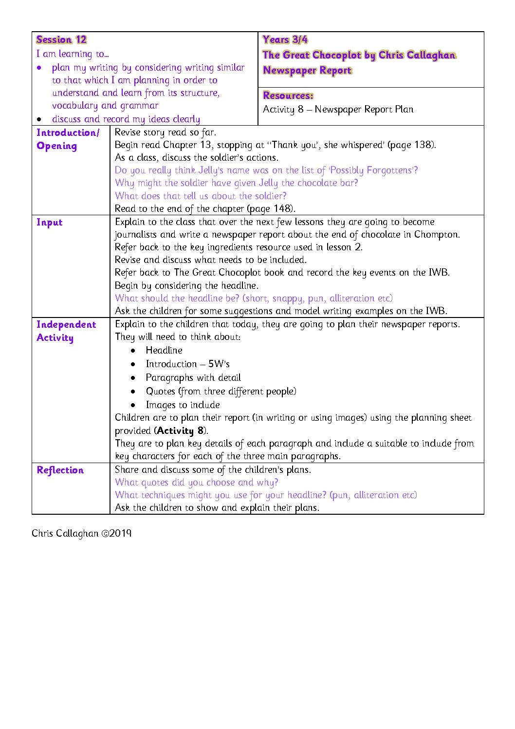 Session 12 Plan – Chris Callaghan