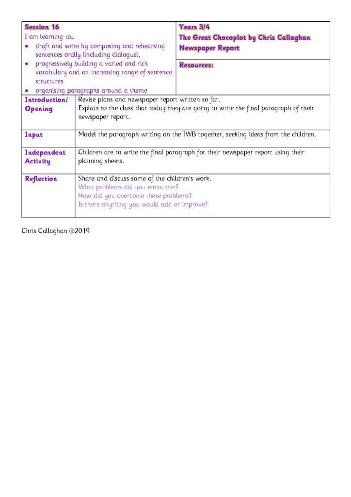 Session 16 Plan – Chris Callaghan