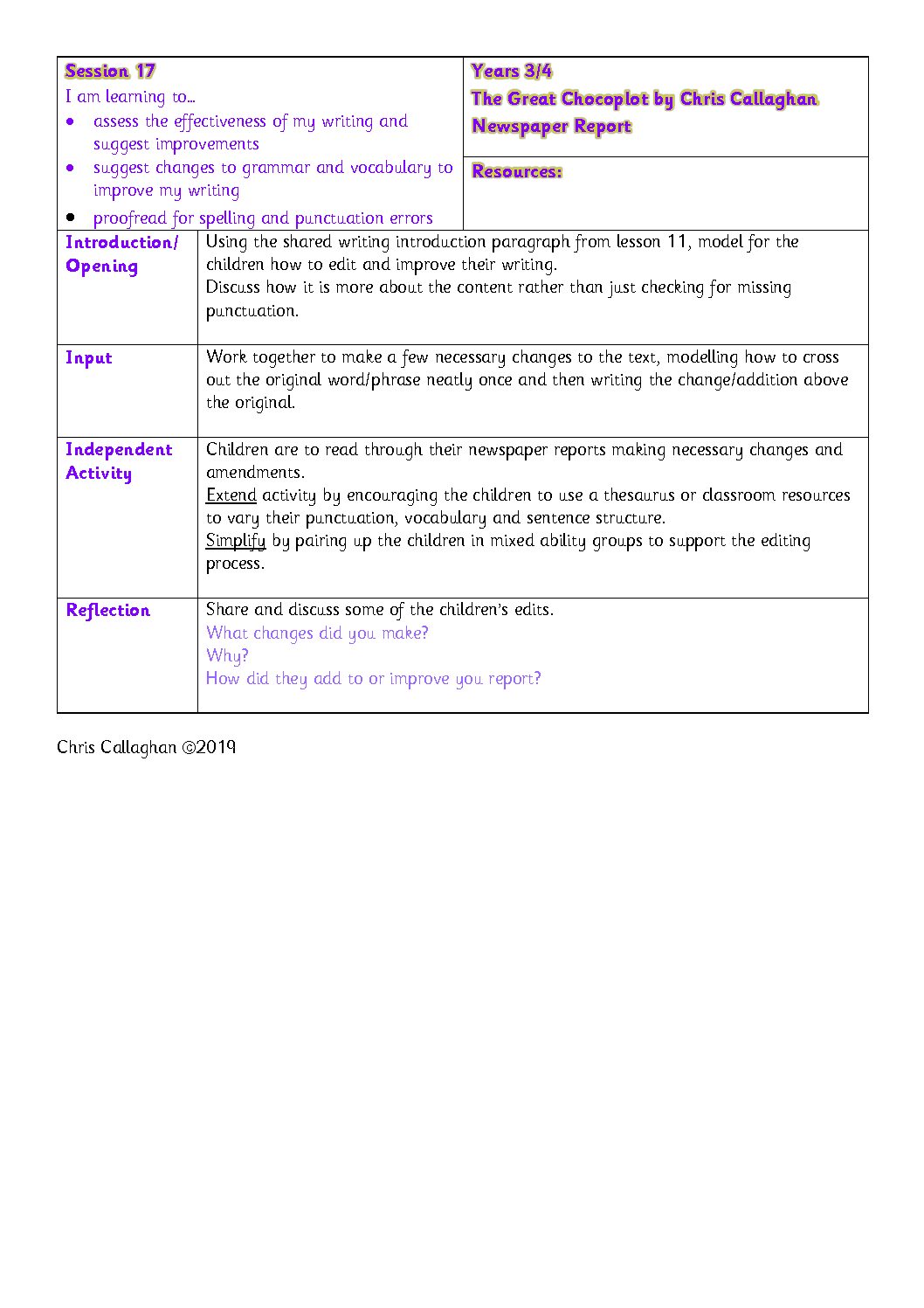 Session 17 Plan – Chris Callaghan