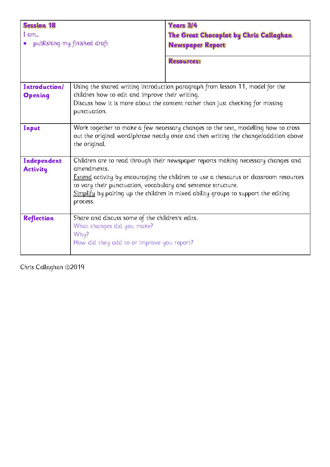 Session 18 Plan – Chris Callaghan