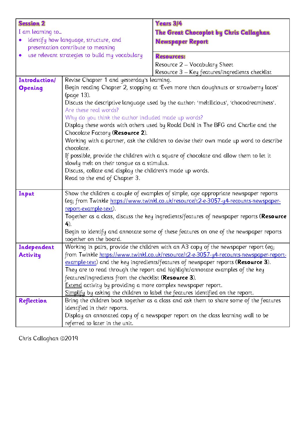 Session 2 Plan – Chris Callaghan