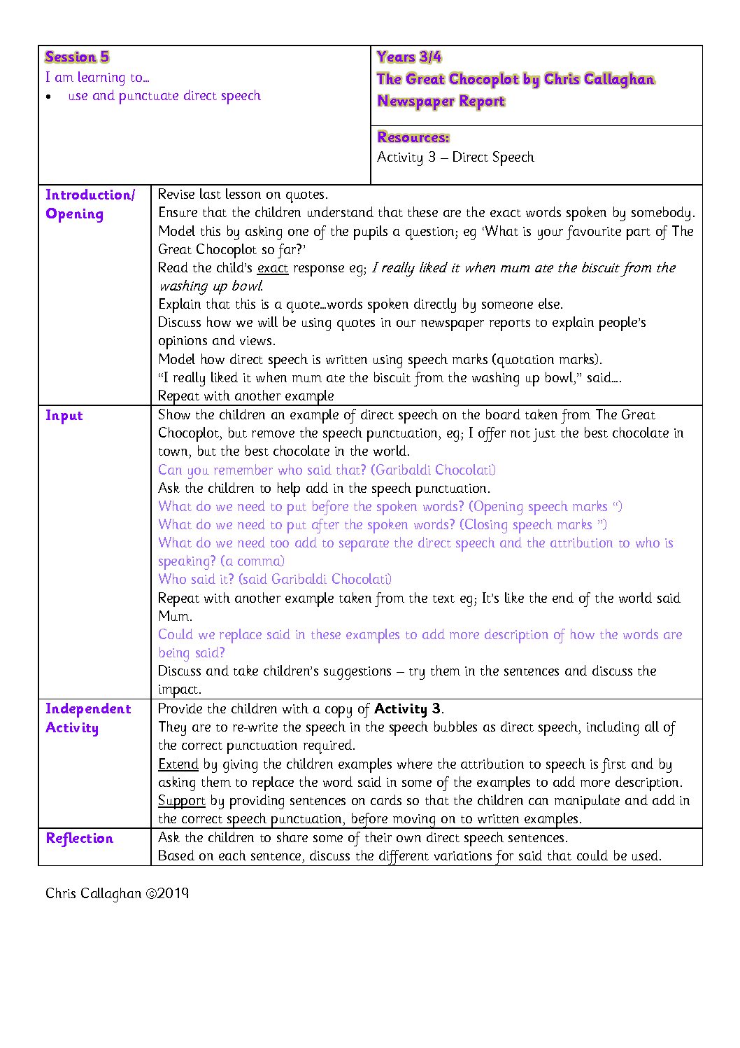 Session 5 Plan – Chris Callaghan