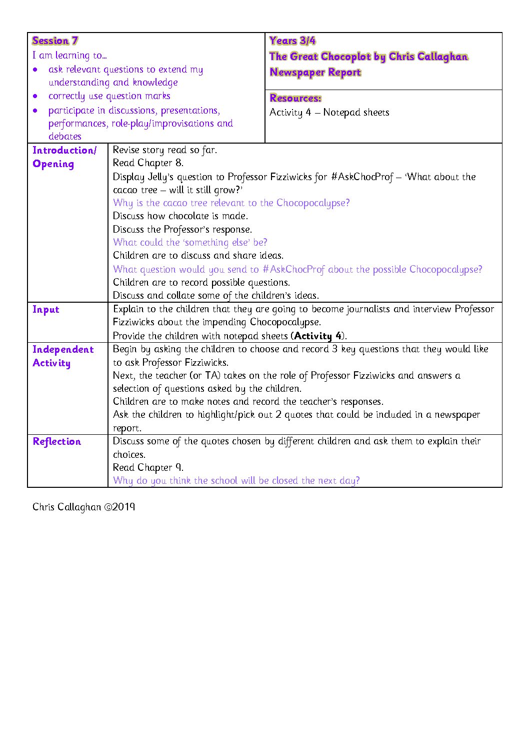 Session 7 Plan – Chris Callaghan