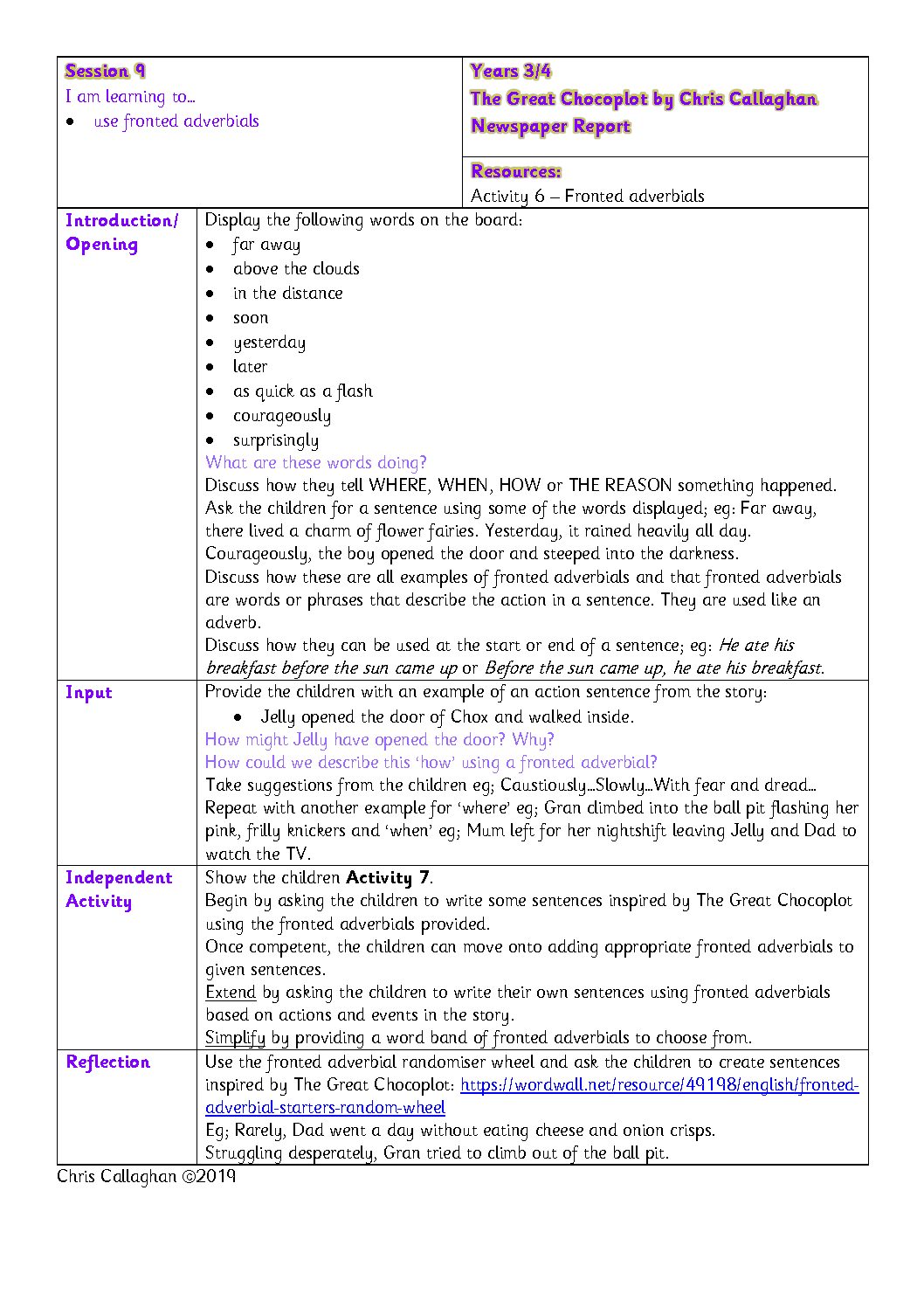 Session 9 Plan – Chris Callaghan